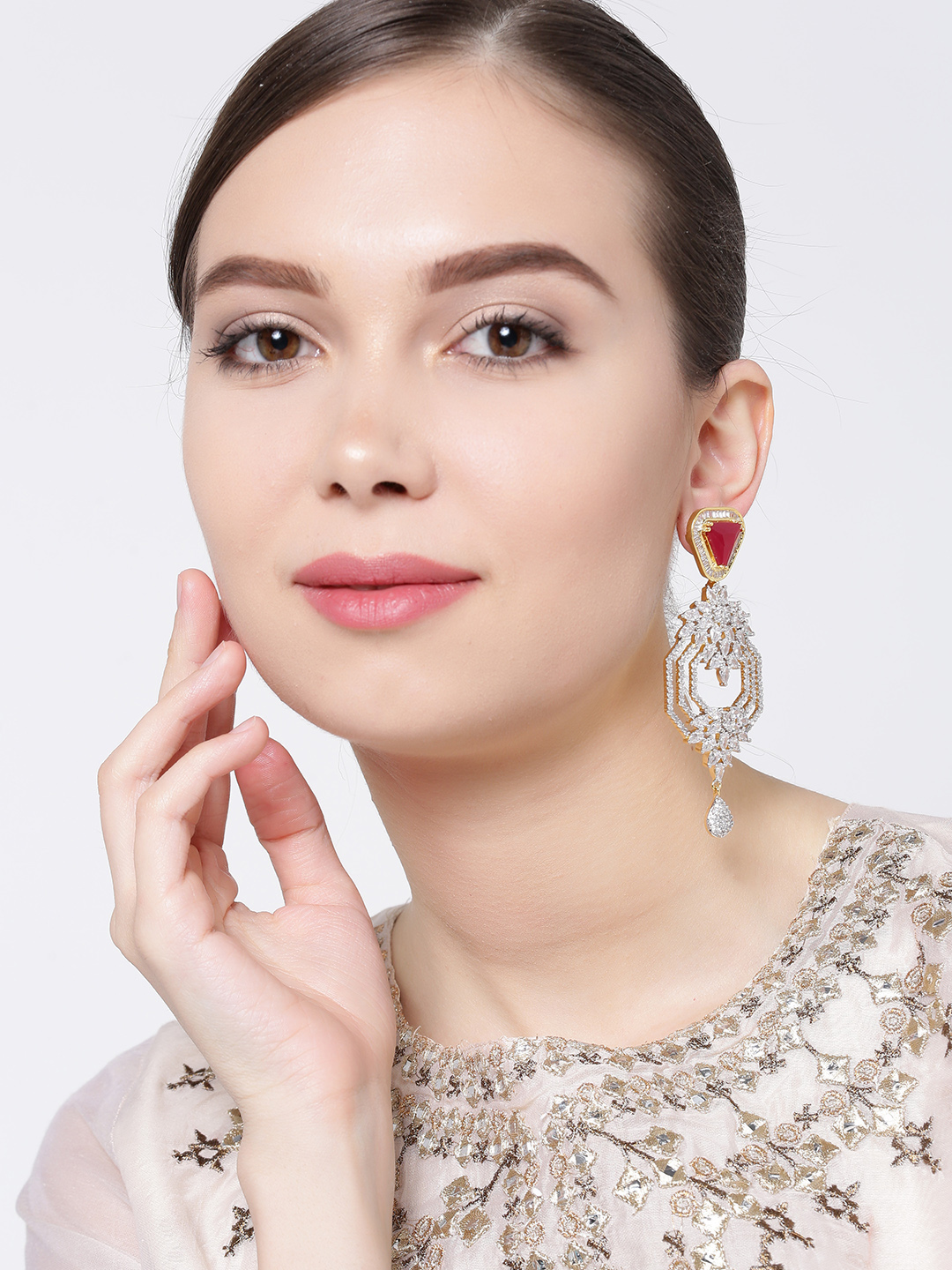 YouBella Red Gold-Plated Stone-Studded Cut-Out Drop Earrings